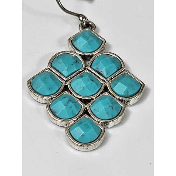 Vintage Boho Turquoise Dangle Earrings Silver Tone Geometric Drop Jewelry - Picture 8 of 9